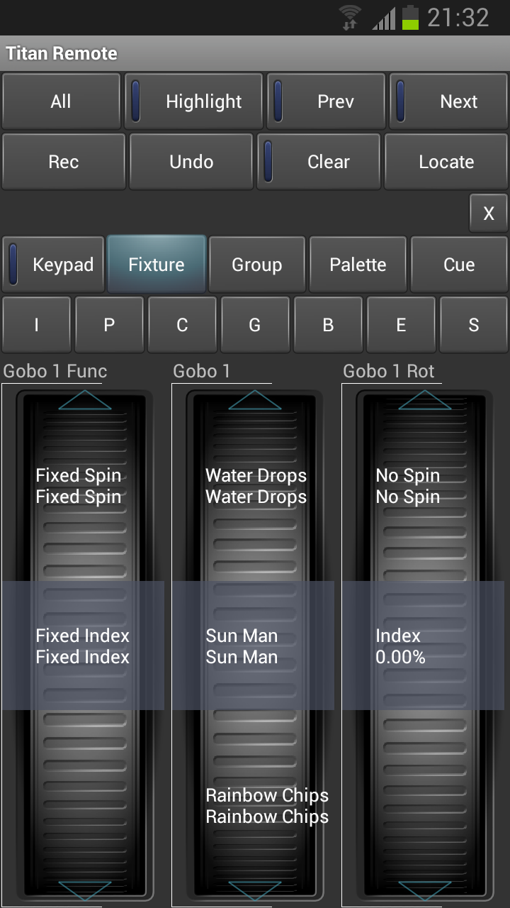 Fixture Control in Titan Remote Android App