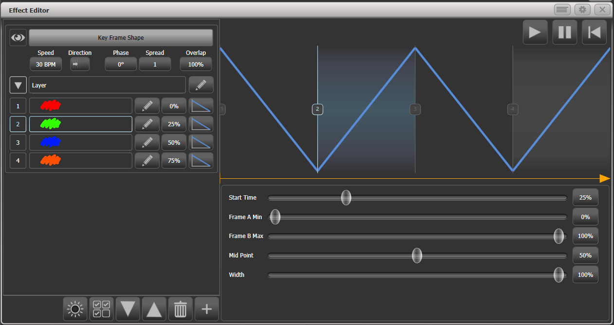 Effect Editor key frame controls for individual key frame step