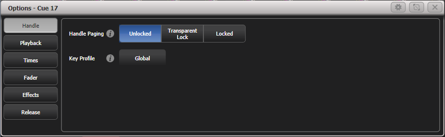 Playback Options window for cue showing handle tab
