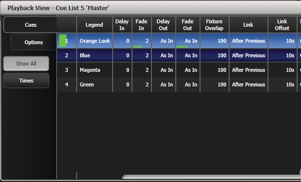 Playback View of Cue List with cue fade in progress